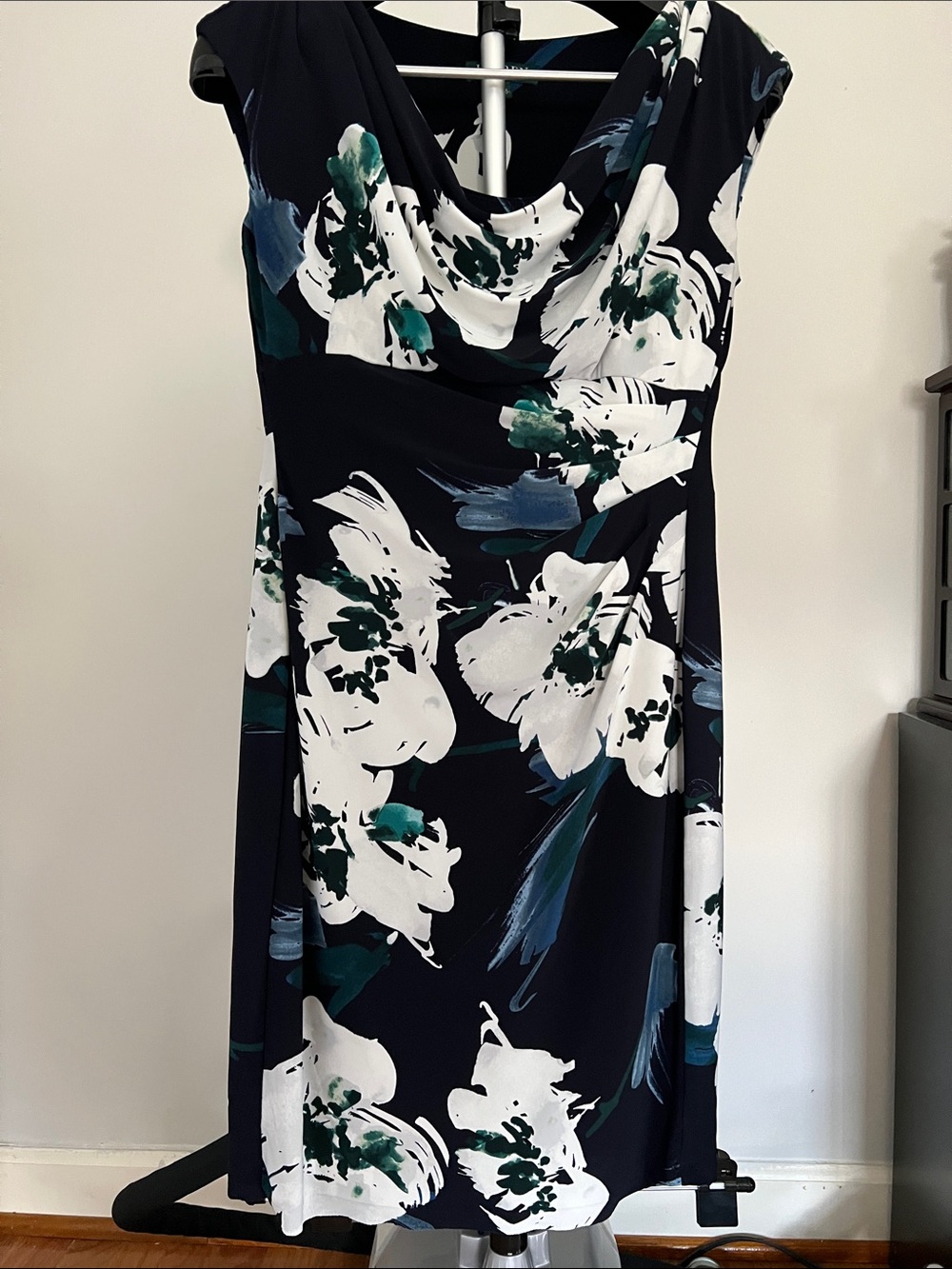Ralph Lauren Navy Floral Cowl-Neck Dress with White and Teal Accents